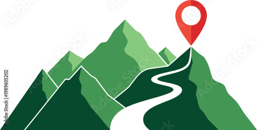 Mountain peak with winding path and red location marker signifies achievement.