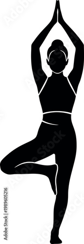 Black silhouette of a woman performing a yoga tree pose with hands clasped overhead vrikshasana