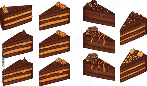 Chocolate Cake Slice Collection with Layered Filling and Toppings Representing Bakery Desserts, Sweet Treat Variety, and Gourmet Pastry in Vector Illustration