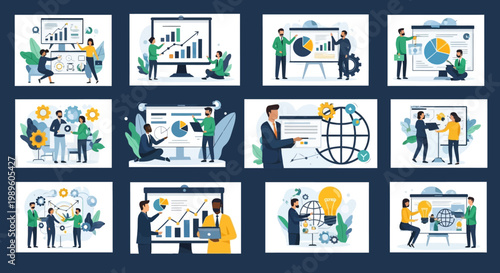 Business infographics with people analyzing data.