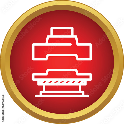 Industrial forging press machine tool shaping metal on a red background