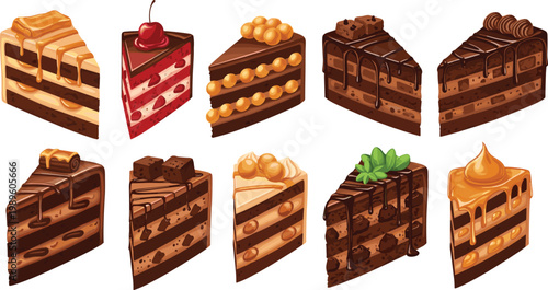 Assorted Cake Slice Set with Chocolate, Caramel, and Fruit Layers Representing Bakery Desserts, Sweet Treats, and Gourmet Pastry in Vector Illustration