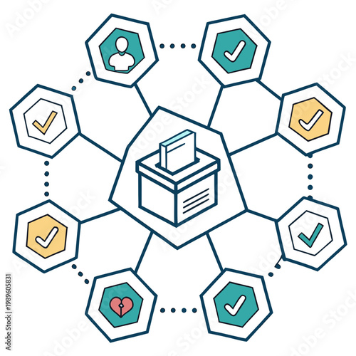 Voting system with decentralized network and verification icons ballot box election decentralized technology checkmark verification decision illustration security democracy participation