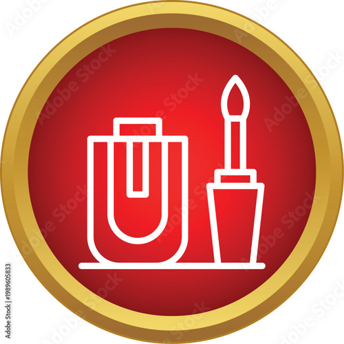 Lip gloss cosmetic product with applicator in a red and gold circle