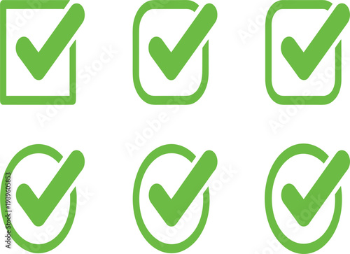 Green check mark icons set, vector symbols for success, approval, task completion, and quality assurance