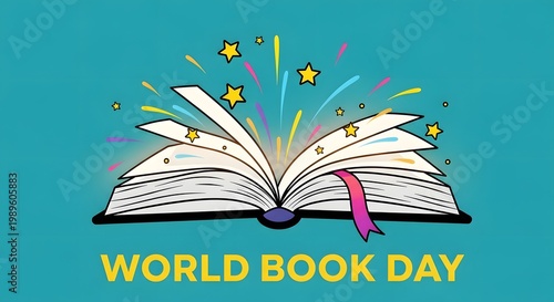 World book day illustration an open book with sparkling elements