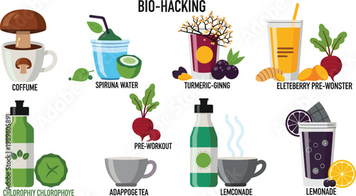 Bio-Hacking and Wellness Supplement Beverage Vector Icon Set Featuring Mushroom Coffee, Spirulina Water, Turmeric Tonic, Chlorophyll, and Pre-Workout Drinks for Health and Fitness Media