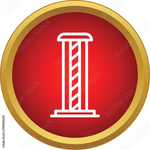 Barber pole symbol on a red circle with gold border representing grooming