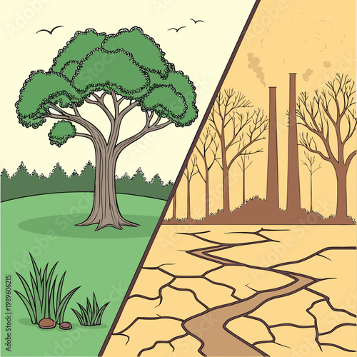 Illustration of a healthy green landscape versus a dry polluted industrial area cracked earth climate change air pollution water scarcity save earth environmental protection nature vs industry
