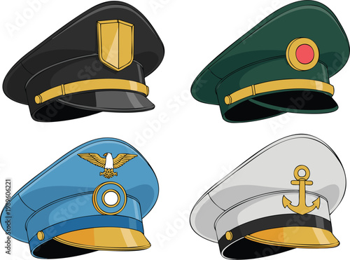 Military and service caps vector set, police army air force navy hats, uniform headwear illustration collection