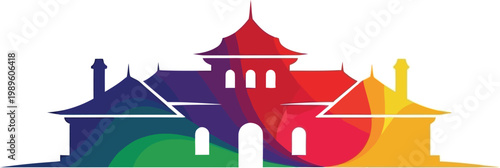 A colorful illustration of a building with a rainbow of colors