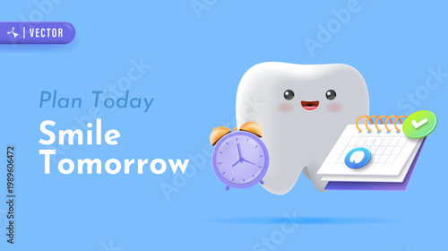 Smiling Tooth Character with Calendar and Clock Planning Healthy Dental Care Routine. Dental Treatment Routine