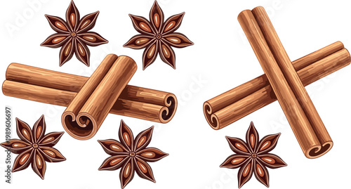 Cinnamon Sticks and Star Anise Spice Collection Illustrated Vector Set on White Background