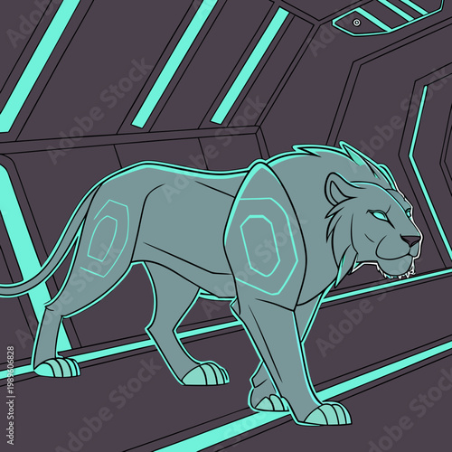 Futuristic cybernetic lion walking in a metallic corridor with robot lion sci fi line art abstract animal futuristic creature mechanical circuitry corridor strength animalistic illustration