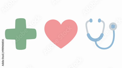 Medical symbols a plus sign, a heart, and a stethoscope, representing healthcare and well-being