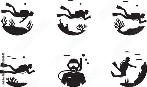 Deep sea diving scuba icon set silhouette icon set, using flat filled black color symbol, editable vector illustration design