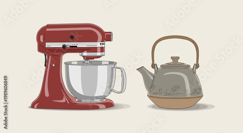 Red kitchen mixer and tea kettle.