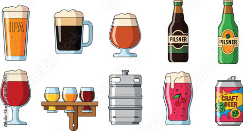 Craft Beer and Brewery Vector Icon Set Featuring IPA Stout Pilsner Bottles Beer Flight Keg and Fruit Infused Ale for Pub Menus and Taproom Graphic Designs