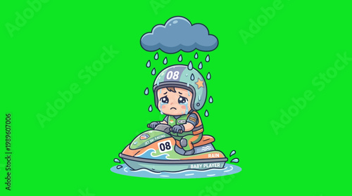 Cute Cartoon Character Riding a Jet Ski in the Rain, Feeling Sad.