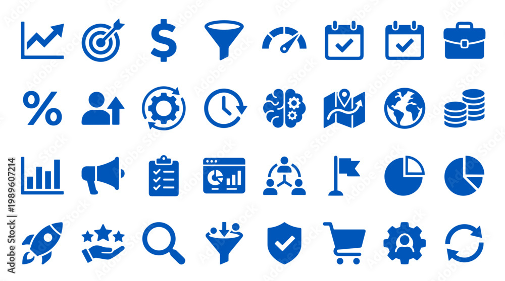 Fototapeta premium Collection of blue business and finance icons representing growth strategy analytics data management and success in digital marketing and startup concepts