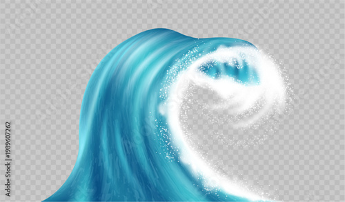 High sea or ocean wave with splashes, foam and drips. Vector realistic water isolated on transparent background. Tropical and exotic resort design, surfing and aqua sports, marine seascape