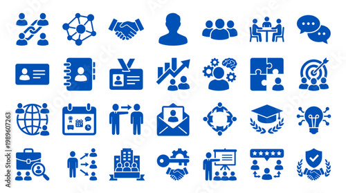 Collection of blue business and finance icons representing teamwork collaboration strategy and success in modern corporate environment