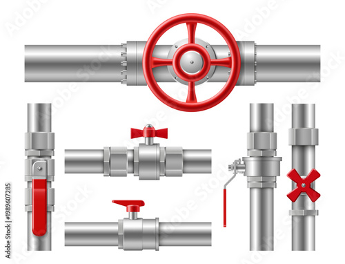Pipe valve set with metal tube systems. Vector isolated metallic pipeworks with handles control. Realistic industrial pipelines with flow regulators. Engineering and plumbing system elements