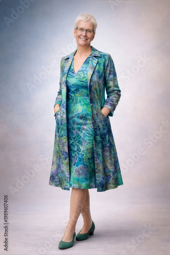 Lächelnde Seniorin im eleganten gemusterten Mantel und Kleid, Ganzkörperporträt