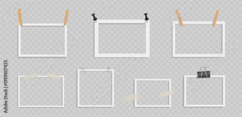 Blank rectangular frames in horizontal position. Vector realistic empty photo placeholders attached with clothespins and pushpin, binder clip and adhesive taped. Decoration and stationery layout