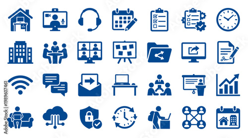 Modern remote work and business communication icons set illustrating digital collaboration and office life concepts