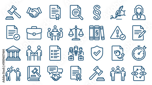 Collection of legal and business icons representing justice law agreement and professional services