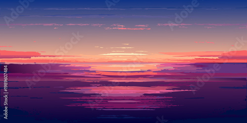 Vibrant sunset over calm water with a silhouetted landscape