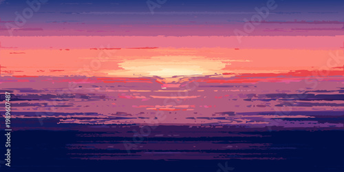Abstract sunset over water with vibrant color gradients and textured strokes
