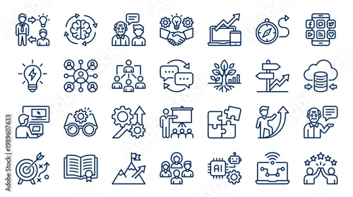 Business strategy and growth icons representing teamwork innovation and success in modern corporate development and technology