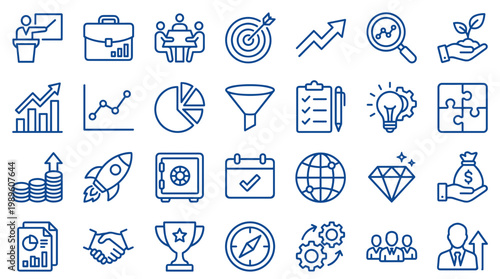 Business growth and success icons depicting strategy planning finance investment and teamwork for corporate development and startup achievement