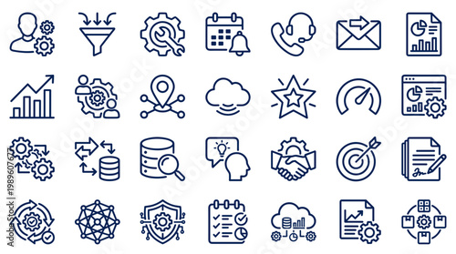 Modern business process optimization icons set for digital transformation and workflow management strategy planning