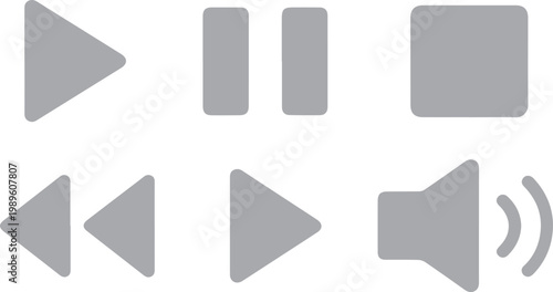 Media controls including play, pause, stop, rewind, fast forward, and volume are presented as a set of functional interface icons.