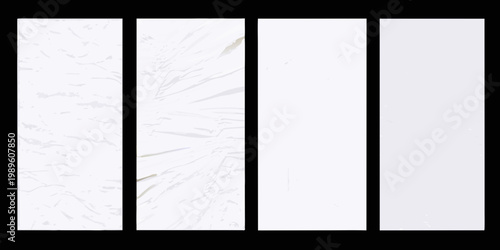 Four vertical panels displaying varying shades of white marble texture