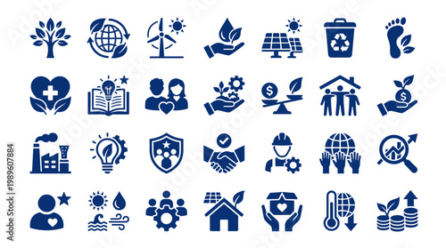 Collection of blue icons representing sustainability environmental protection and social responsibility concepts for eco friendly business and global development