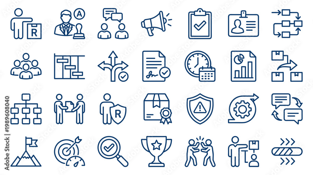 Fototapeta premium Business process icons set for project management strategy planning workflow and team collaboration concepts