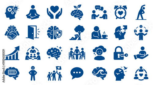Collection of blue icons representing concepts like ideas, meditation, support, growth, communication, time, and teamwork for business and personal development