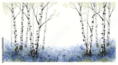 A minimalist, translucent watercolor of white birch trees and bluebells
