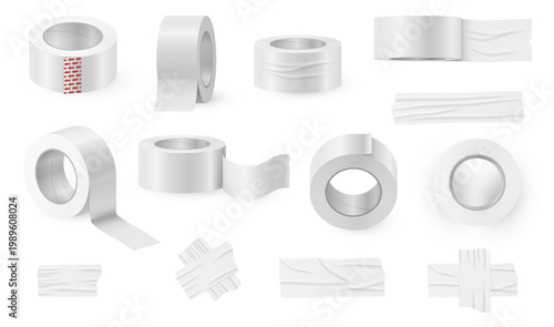 Adhesive tape roll mockups. Vector bands with open and closed positions. Transparent plastic strips material with inner core and smooth surface. Packaging and branding, product visualization