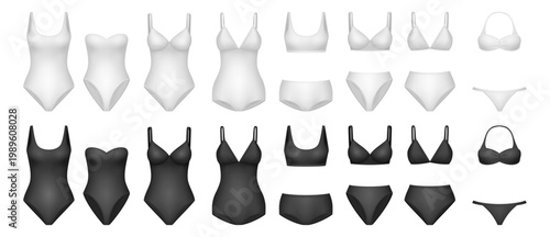 Swimwear set collection in variety styles. Vector isolated realistic swim apparels. Tank and strap design, strapless cut and sport shape. Bikini forms with different bottom and top variations