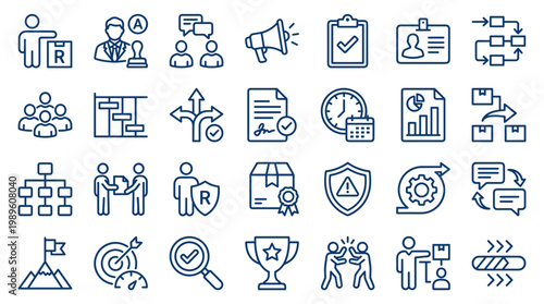 Business process icons set for project management strategy planning workflow and team collaboration concepts