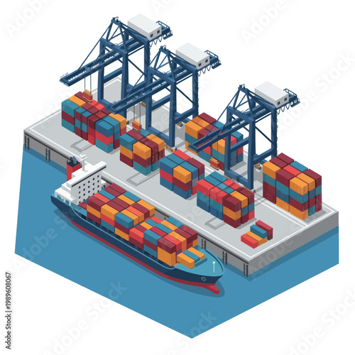 Isometric View of a Cargo Ship at a Container Terminal.