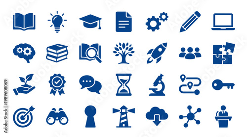 Collection of blue education and business concept icons representing knowledge learning growth innovation strategy and success on white background