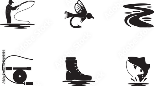 Fly fishing silhouette icon set, river, fish actching flat filled black color symbol, editable vector illustration design