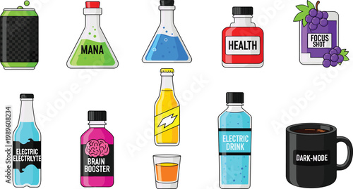 Esports and Gaming Performance Beverage Icon Set Featuring Mana Elixir Health Potion Brain Booster Focus Shot and Electric Electrolyte Drinks for Digital Vitality and UI Design