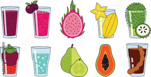 Exotic Tropical Fruit Juice and Smoothie Vector Icon Set Featuring Dragon Fruit Starfruit Papaya Guava Soursop and Tamarind Drinks for Healthy Organic Cafe Menu Designs